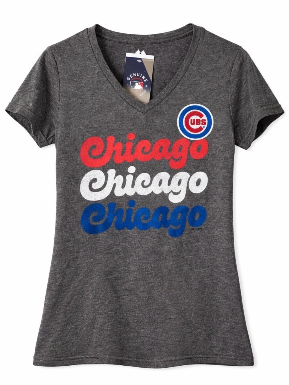 Chicago Cubs V-Neck Tee - Gray with Red White Blue Script
